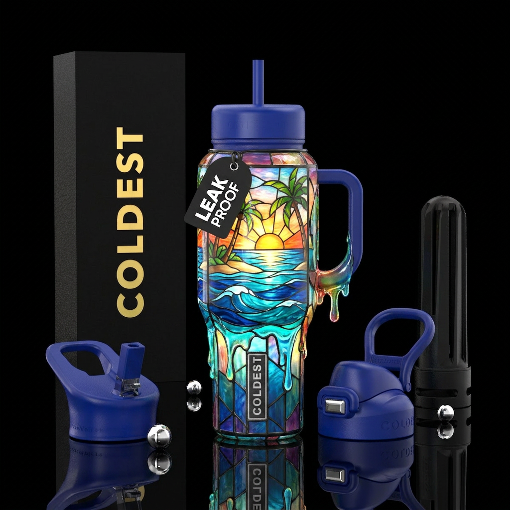 Island, ocean, shiny, glossy, glowing, dripping,, ... water bottle design