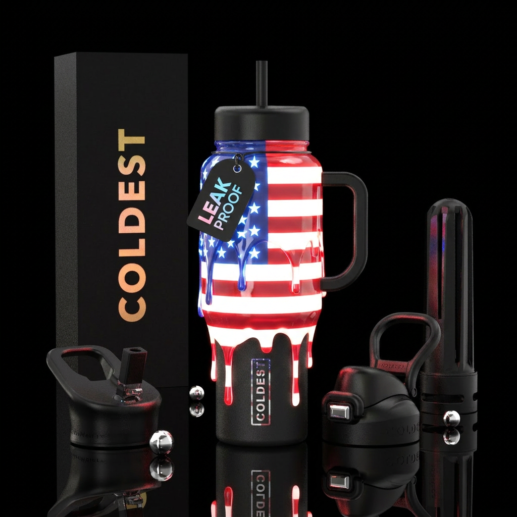 USA flag, glowing,shiny,dripping, water bottle design