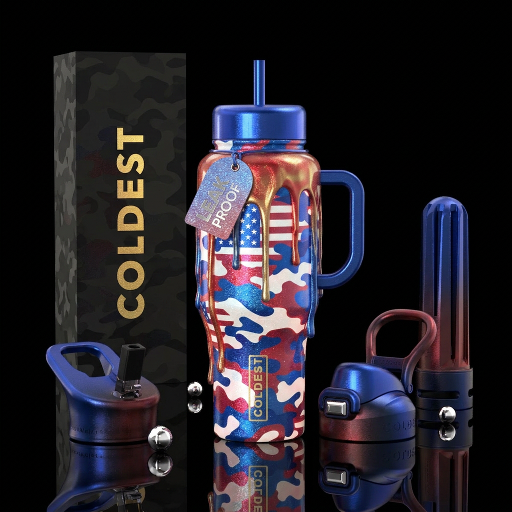 Camouflage,glowing, shimmery, dripping,USA flag, water bottle design