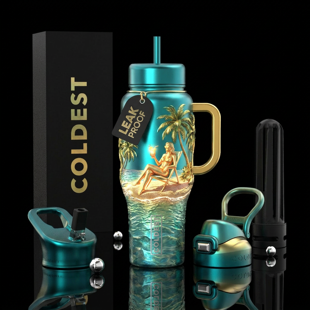 Island.lawnchair,lady with drink, glowing,dripping... water bottle design