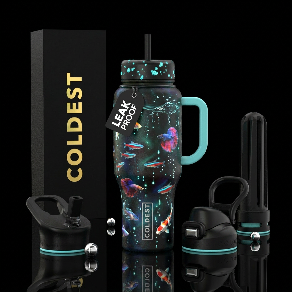 Fishes,water,glowing,dripping,shimmery,glittery water bottle design