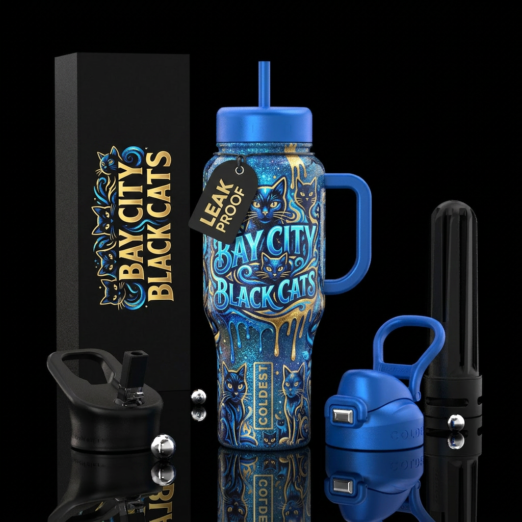 Bay city black cats,blue,gold,glowing,shiny,glitte... water bottle design