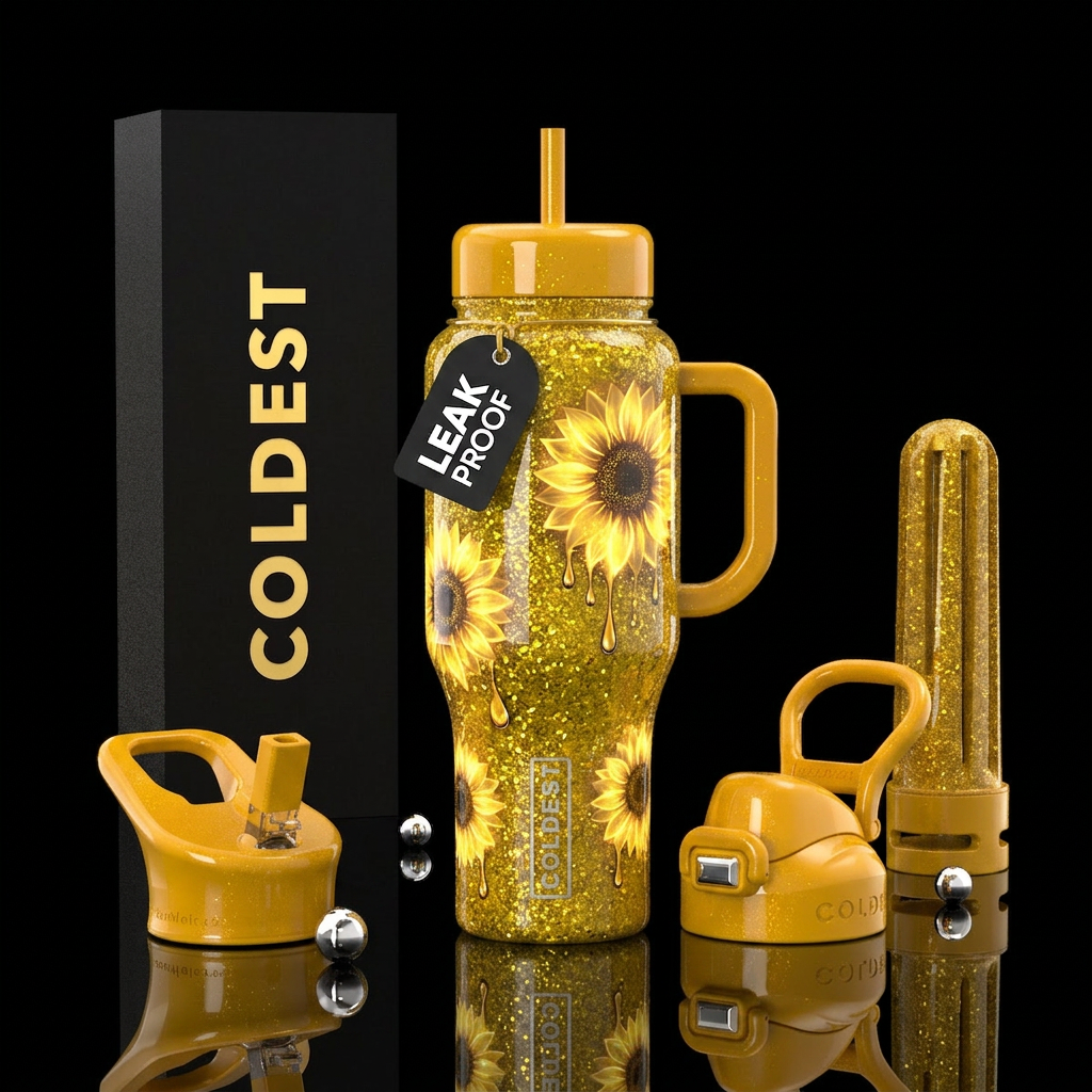 Sunflower,glossy,shiny.glitter,dripping,glowing,br... water bottle design