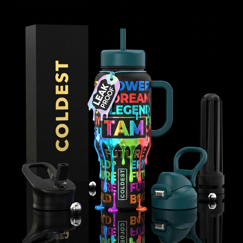 TAM,bold words,shiny,colorful,glowing,dripping,bri... water bottle design