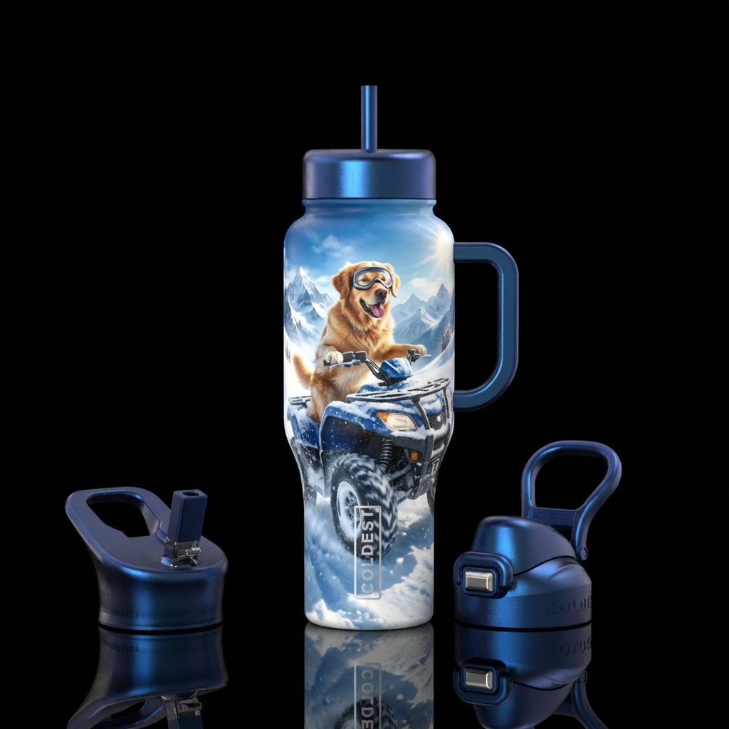 dog driving an atv in the snow water bottle design