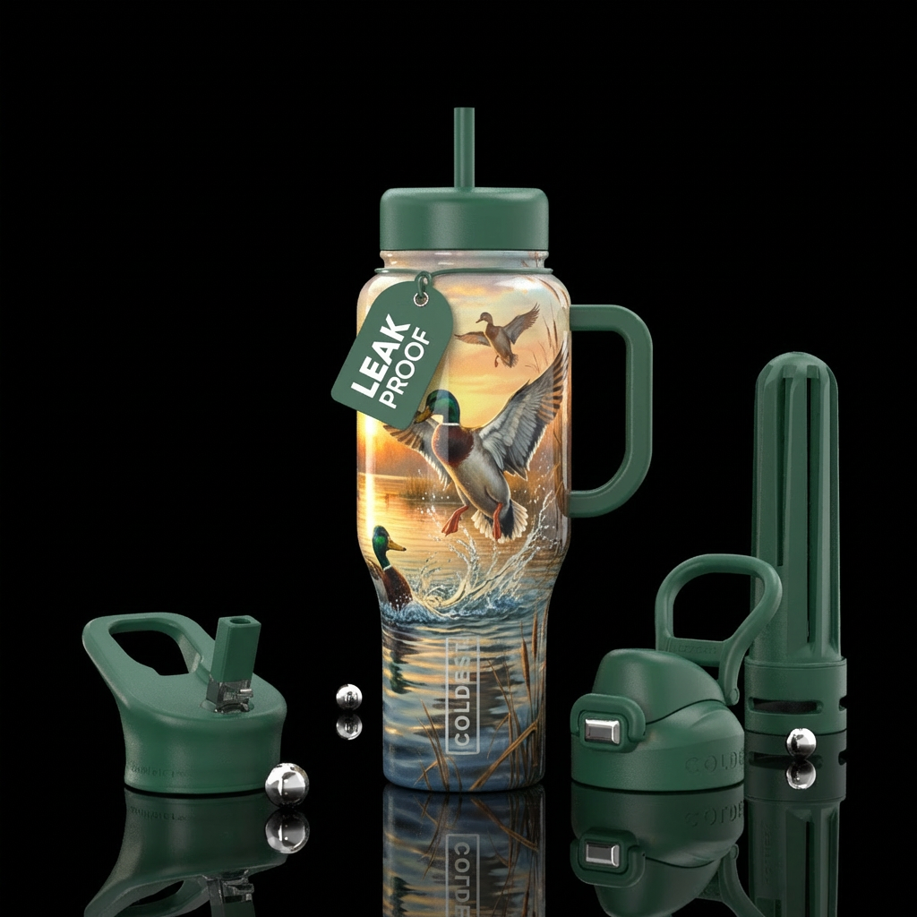 ducks landing in a pond water bottle design