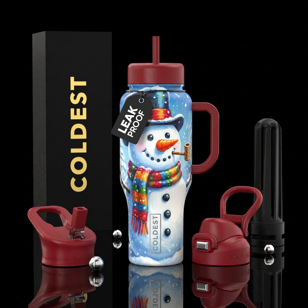 snowman with a corncob pipe and a carrot nose water bottle design