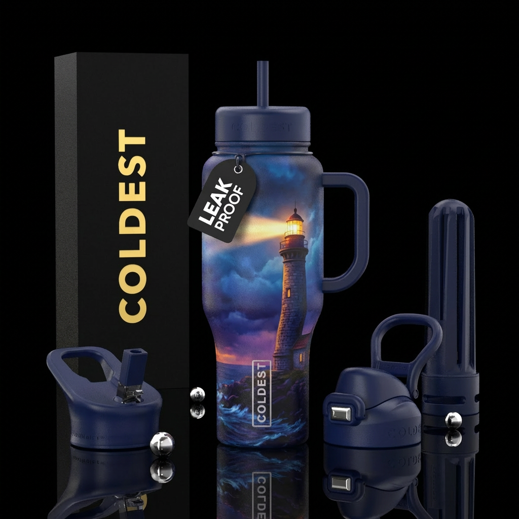 lighthouse shining in the dark water bottle design