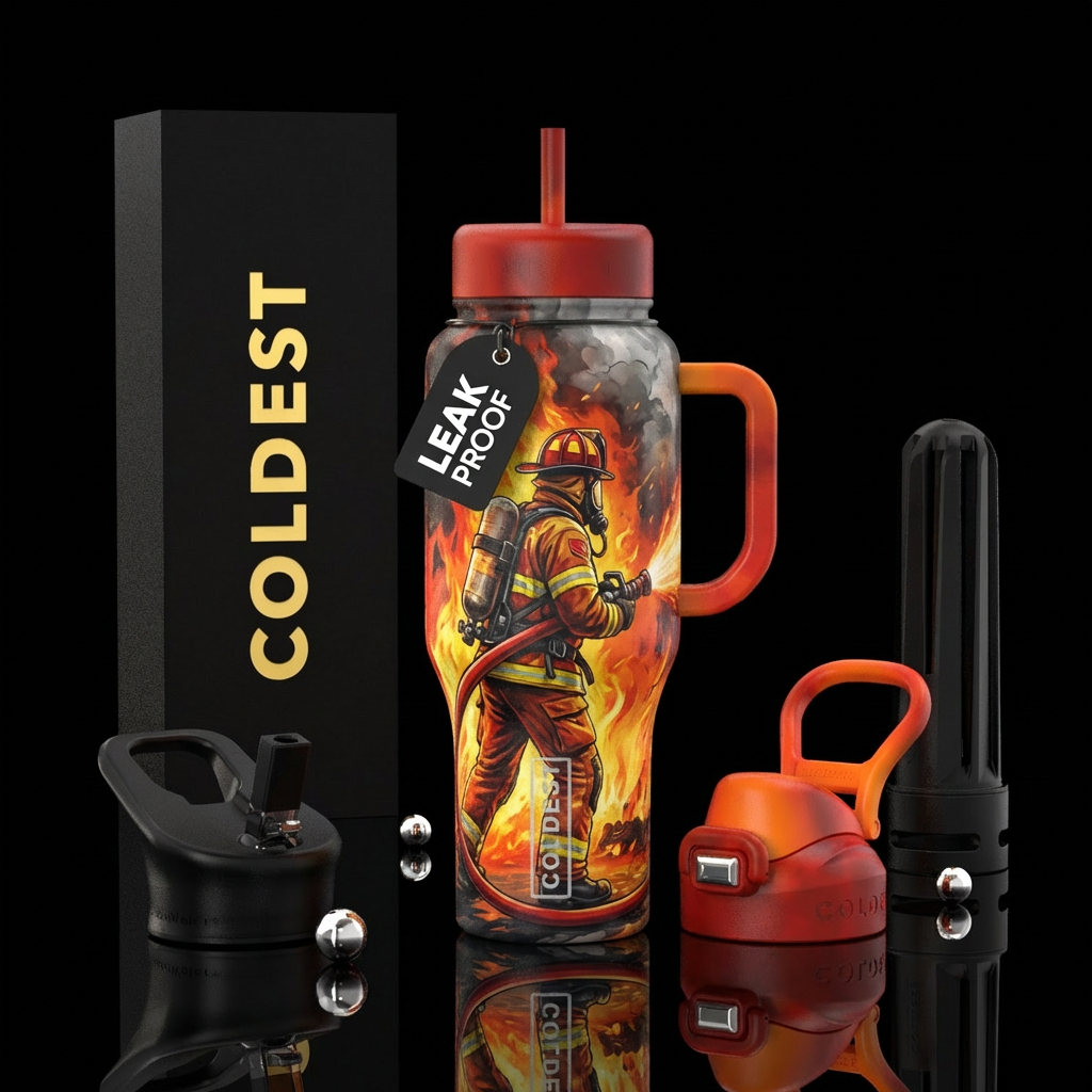 firefighter fighting a fire water bottle design