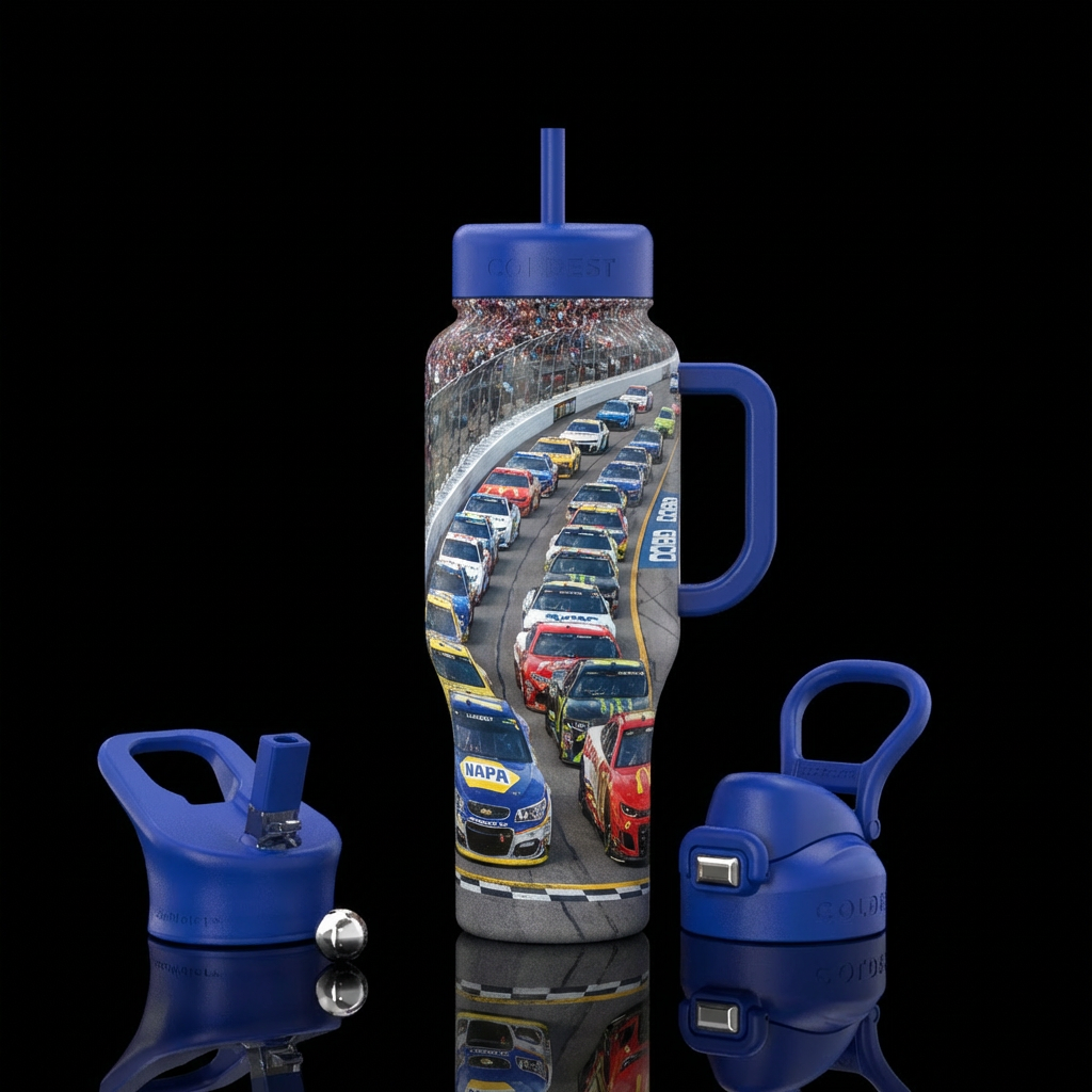 nascars at starting line water bottle design