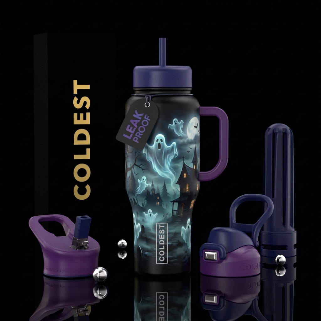 realistic ghosts flying around haunted house water bottle design