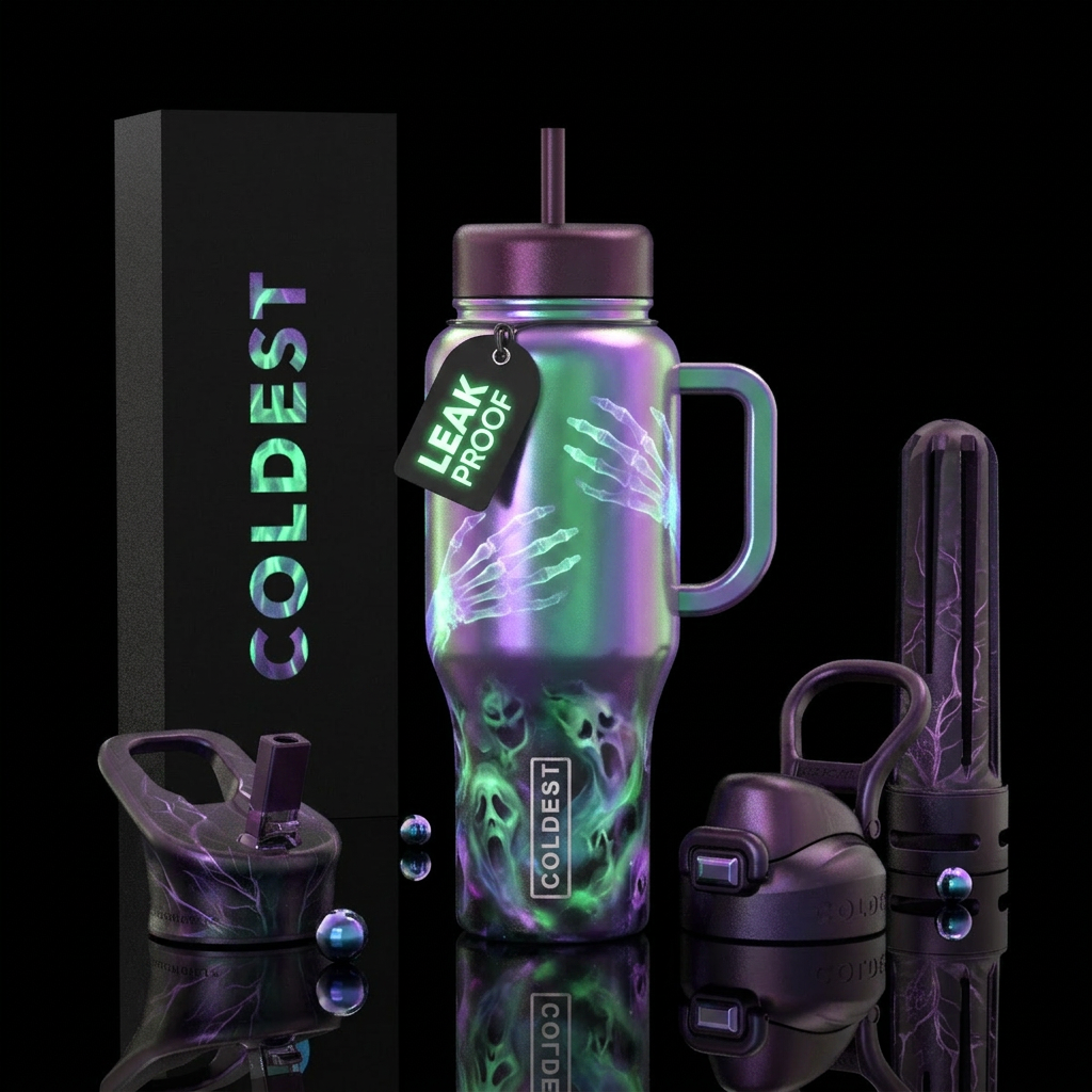 Halloween, scary, opalescent, glowie, haunted water bottle design