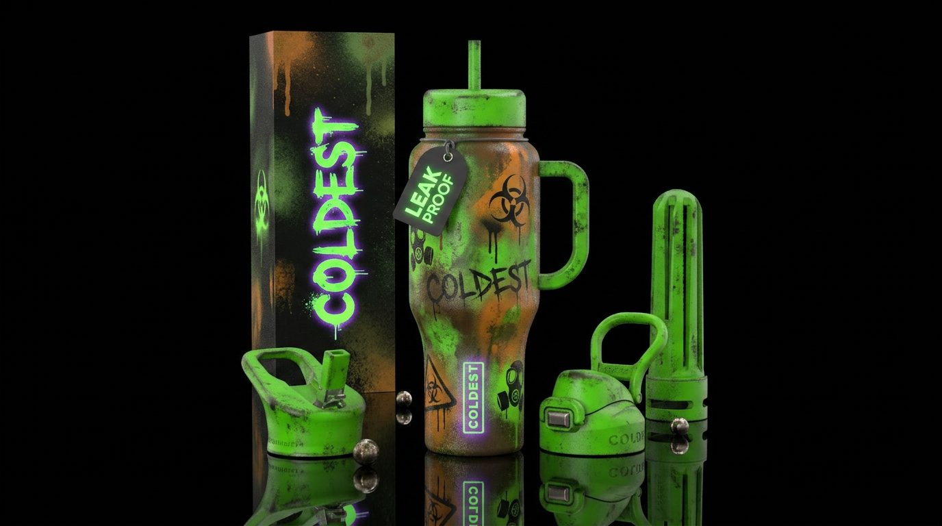 post-apocalyptic, scary, spray painted, glowie water bottle design