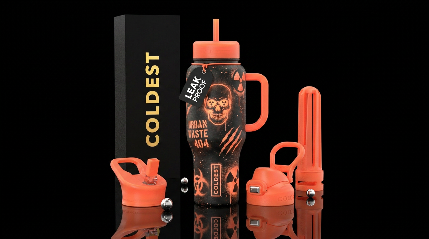 post-apocalyptic, scary, spray painted, glowie water bottle design