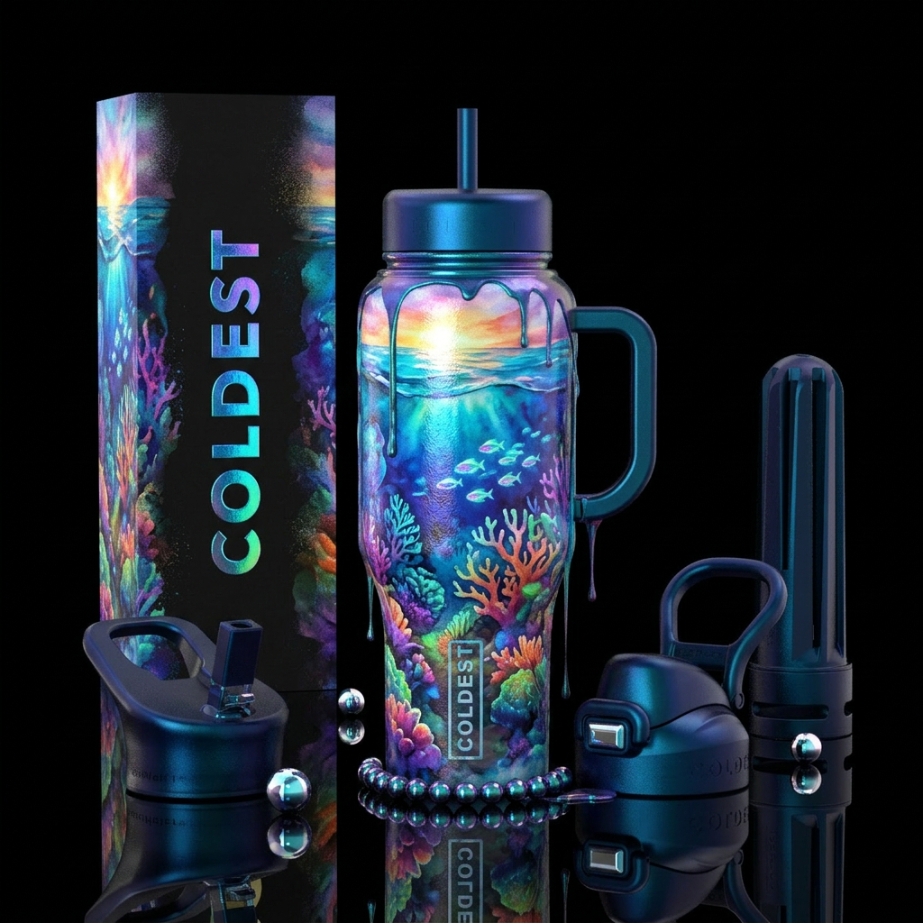 glowie, ocean, spray painted, oil painted, irrides... water bottle design