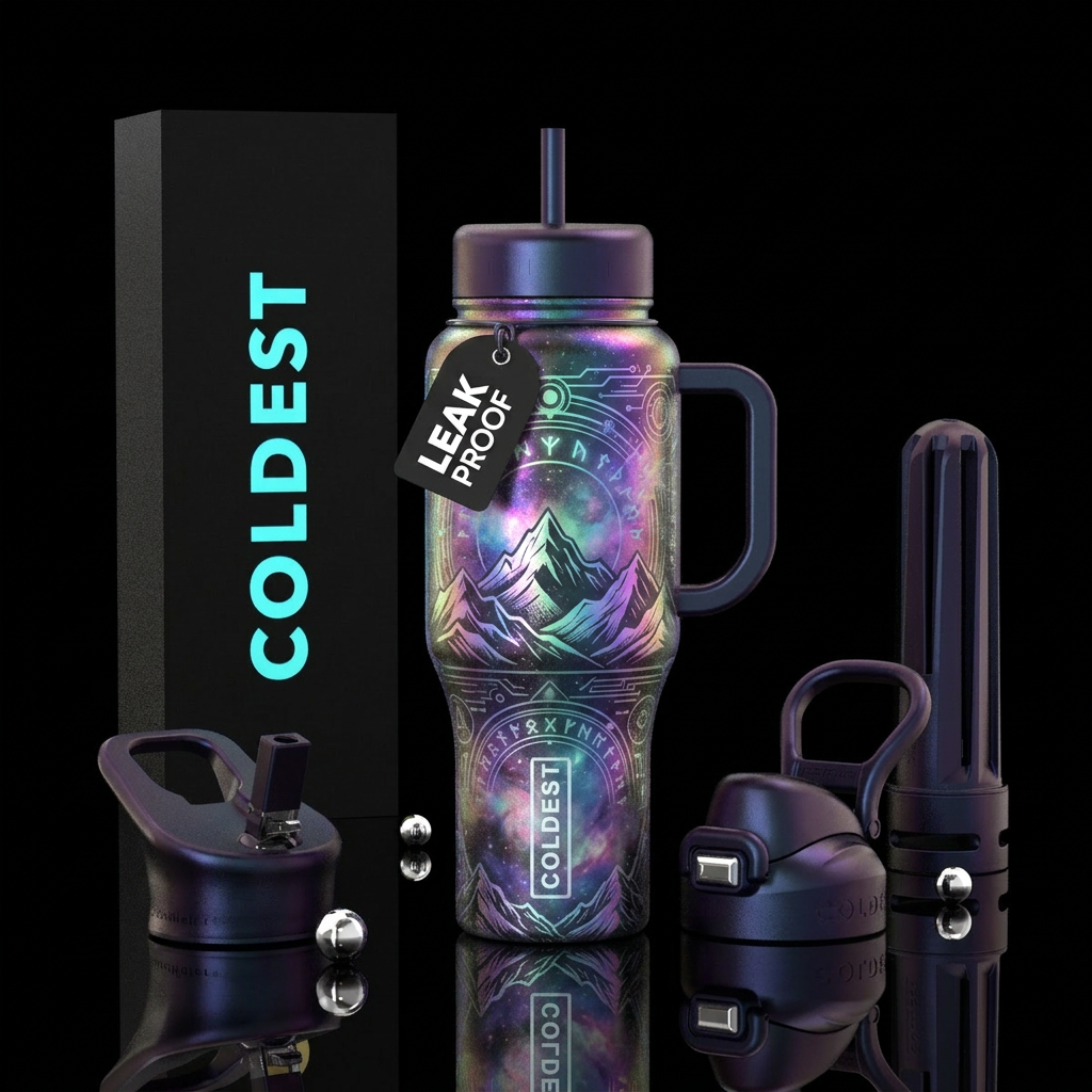 mountaineering, sci-fi, enchanted, glowie, irrides... water bottle design