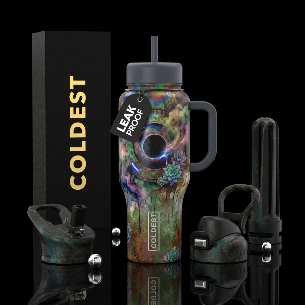 apocalyptic, glowie, dark mood, rustic, irridescen... water bottle design