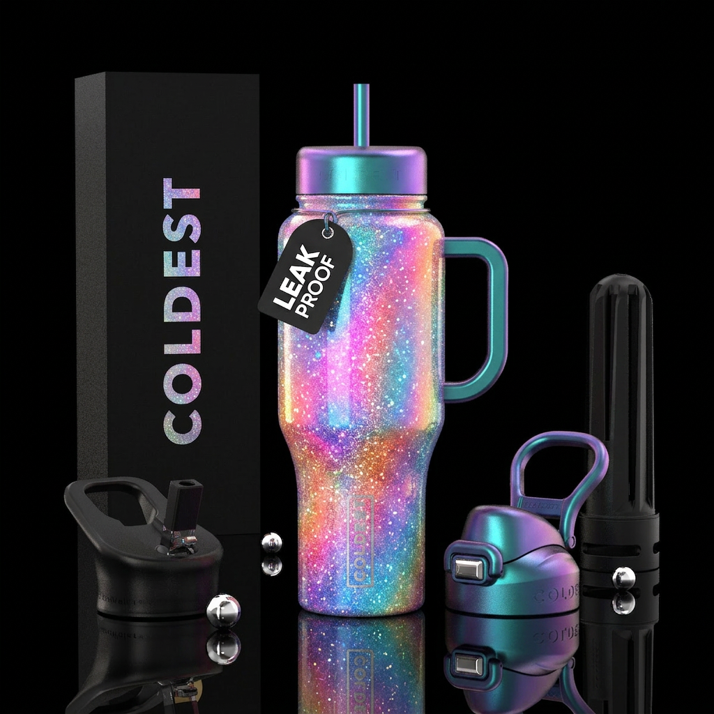 neon, sparkly, glowie, beautiul, vibrant, irridesc... water bottle design