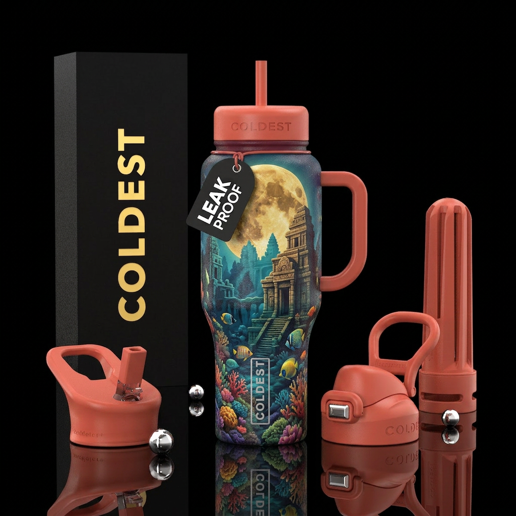 lost civilization, fudge, digital art, tropical fi... water bottle design