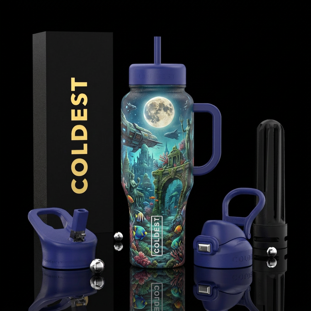 lost civilization, fudge, digital art, tropical fi... water bottle design
