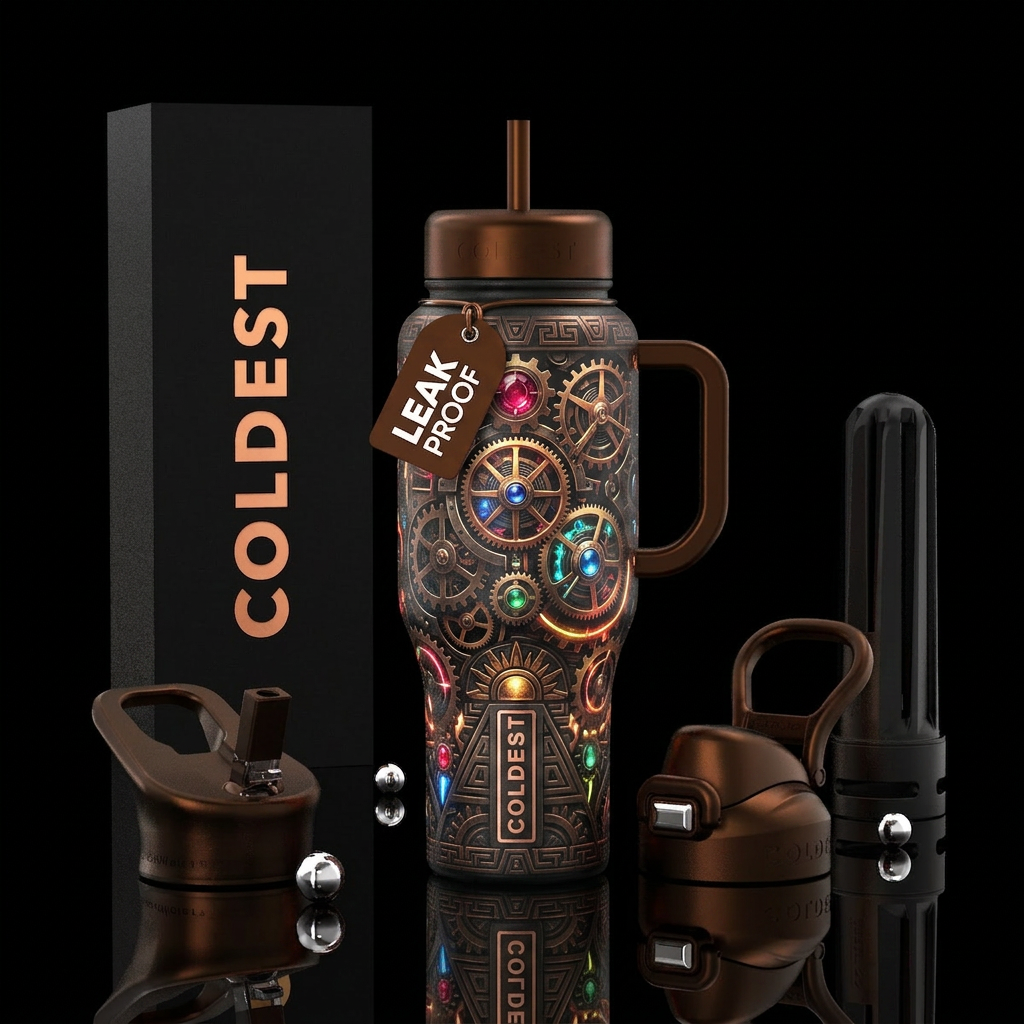clockpunk, incan, realism, happy mood, magical, da... water bottle design