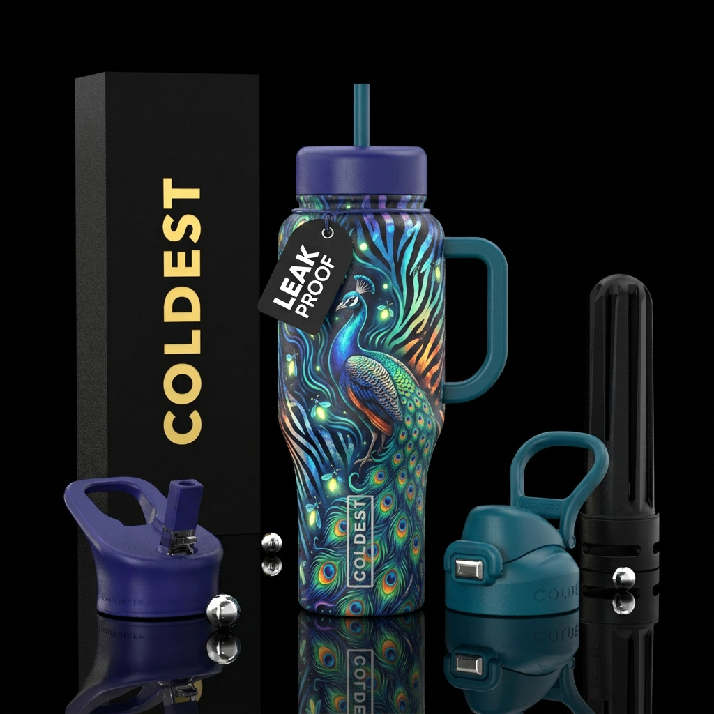 peacock, firefly, light, waves, spiritual, zebra water bottle design