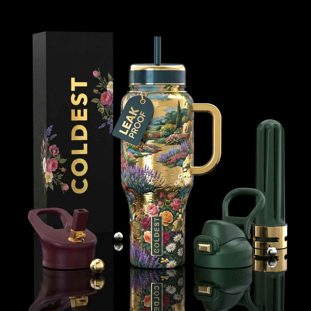 Gardens, scenery,flowers,gold heandles water bottle design