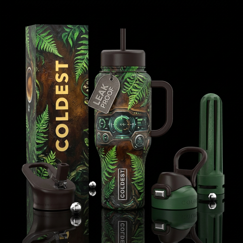 oil painting, spiritual, fern, espresso, dashboard water bottle design