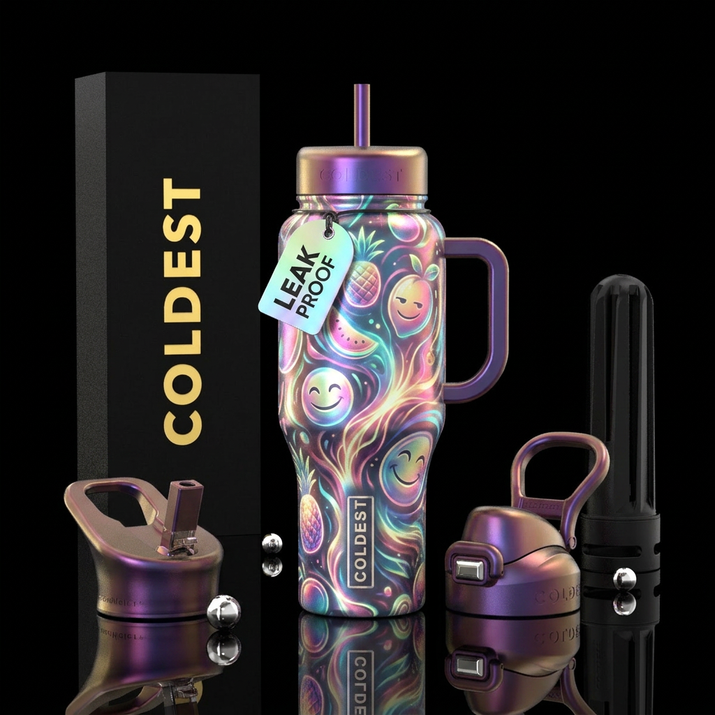 glowie, powerful, tropical fruits, shiny, meme, ab... water bottle design