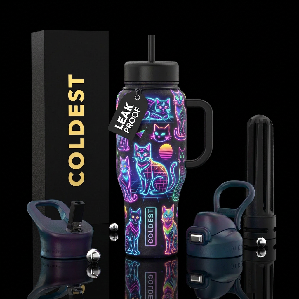 80s theme,bright,neon,glowie,retro, cat water bottle design
