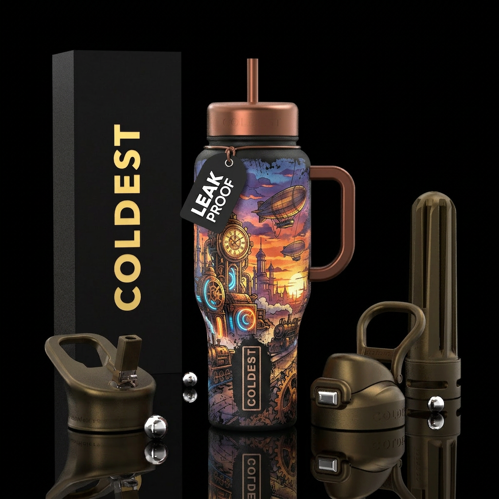 steampunk city, comic book, glowie, sunset, distre... water bottle design