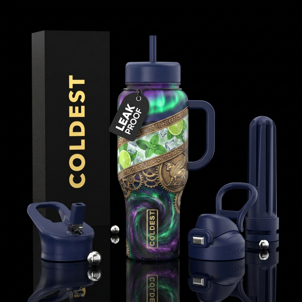 cosmic horror, clockpunk, mesopotamian, mojito, no... water bottle design