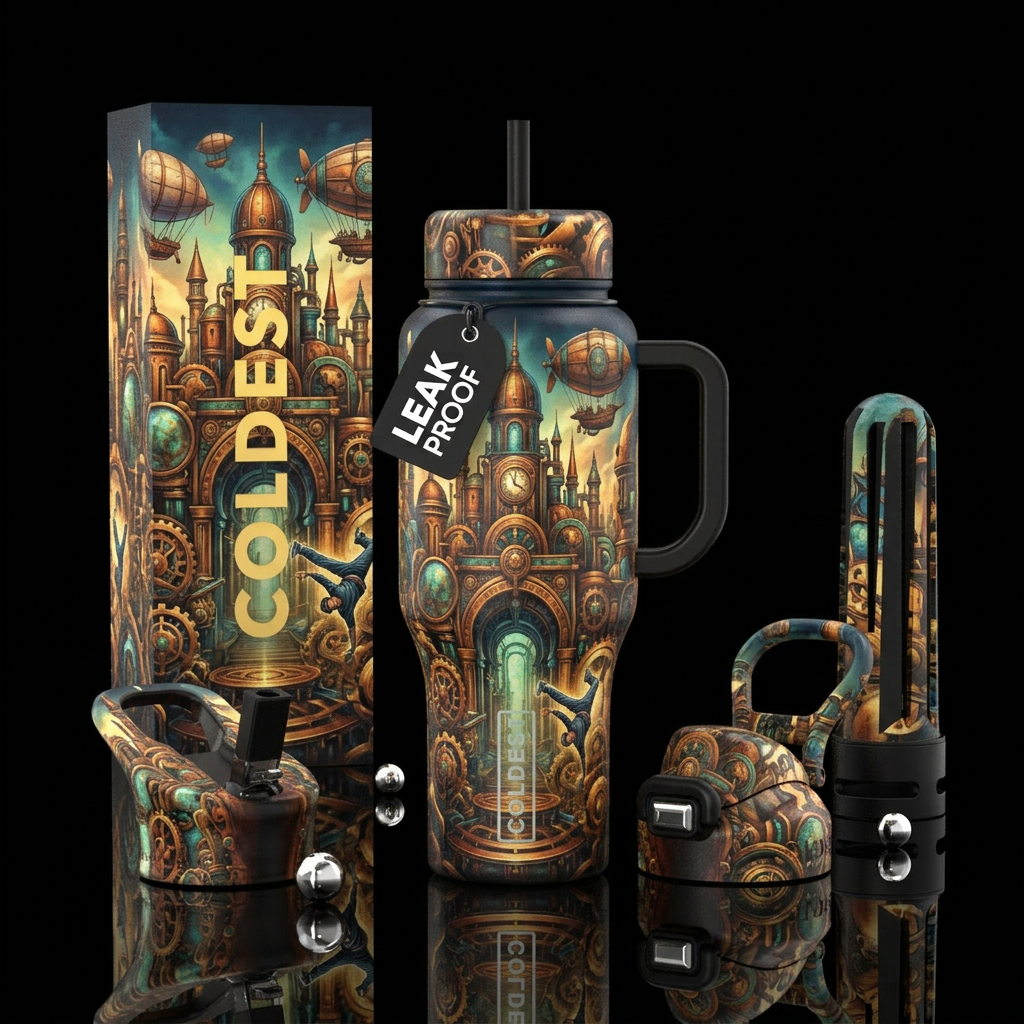abstract, steampunk city, equinox, breakdance, int... water bottle design