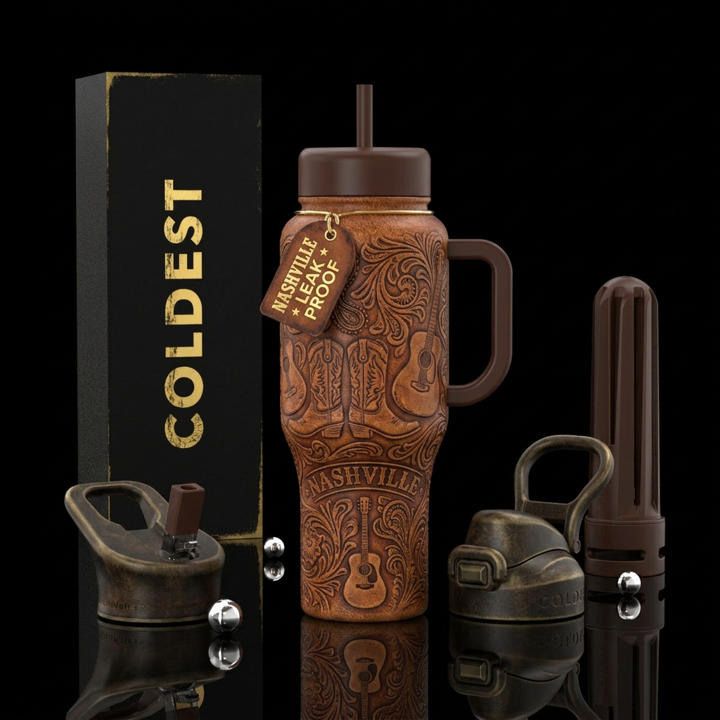 Nashville,country, Western,, leather, rustic water bottle design