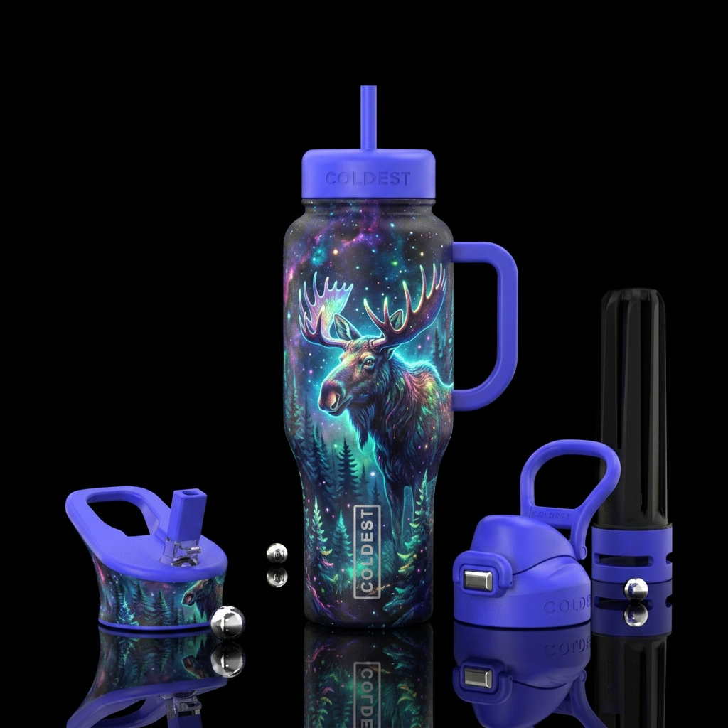 mysterious, camping, moose, glowie, beautiul, vibr... water bottle design