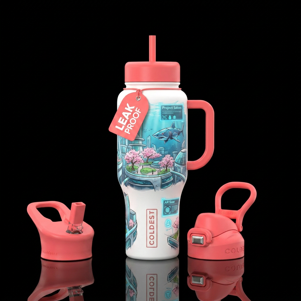 augmented reality, underwater city, sakura, shark water bottle design