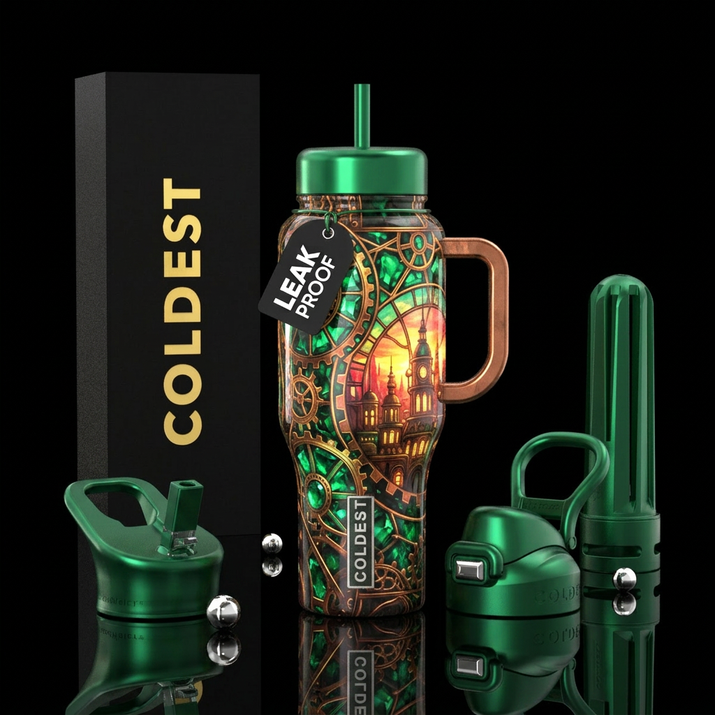 sunrise, steampunk city, emerald, glowie, gemstone... water bottle design