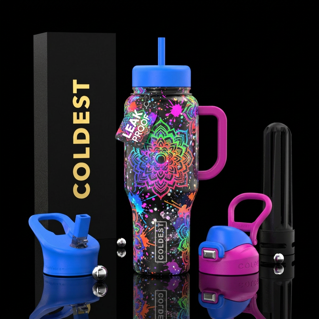 chaotic, splatter, gaming, glowie, mandala, sparkl... water bottle design