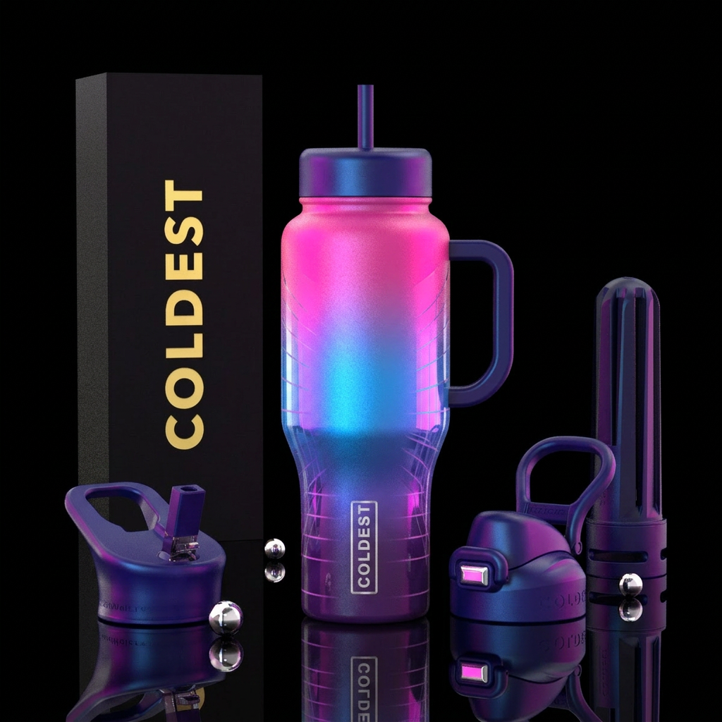 synthwave, mesmerizing, ombre, battle royale water bottle design