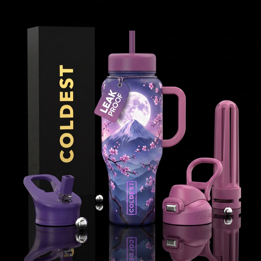Enchanted Sakura moonlight mountain water bottle design