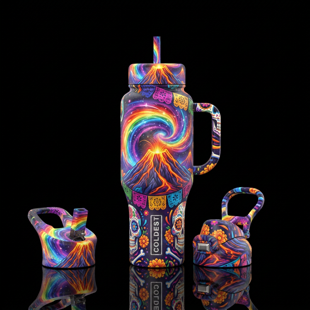 rainbow, volcano, energy field, day of the dead, k... water bottle design