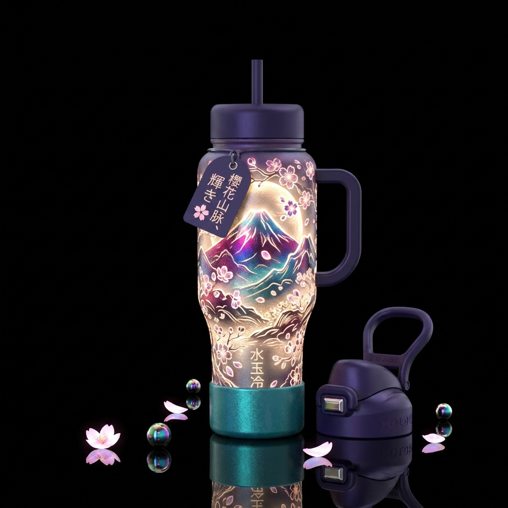 cherry blossom, japanese, glowie, shiny, ancient,m... water bottle design