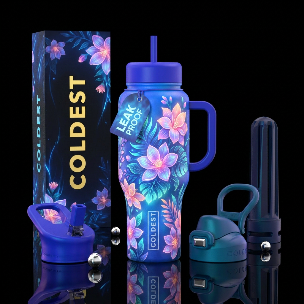 bioluminescent, pastel, sapphire, adventurous, tro... water bottle design