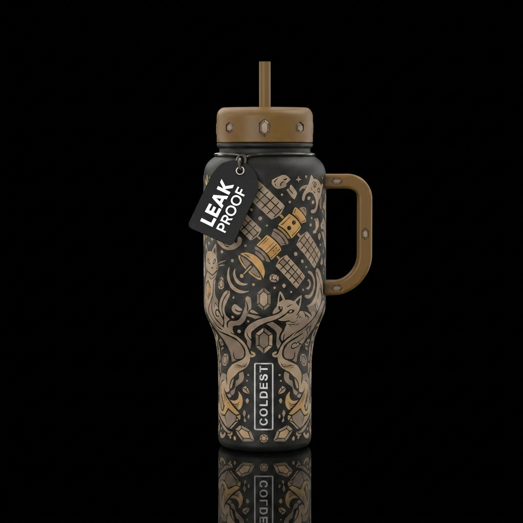 satellite, taupe, honey, cosmic horror, cat, gemst... water bottle design