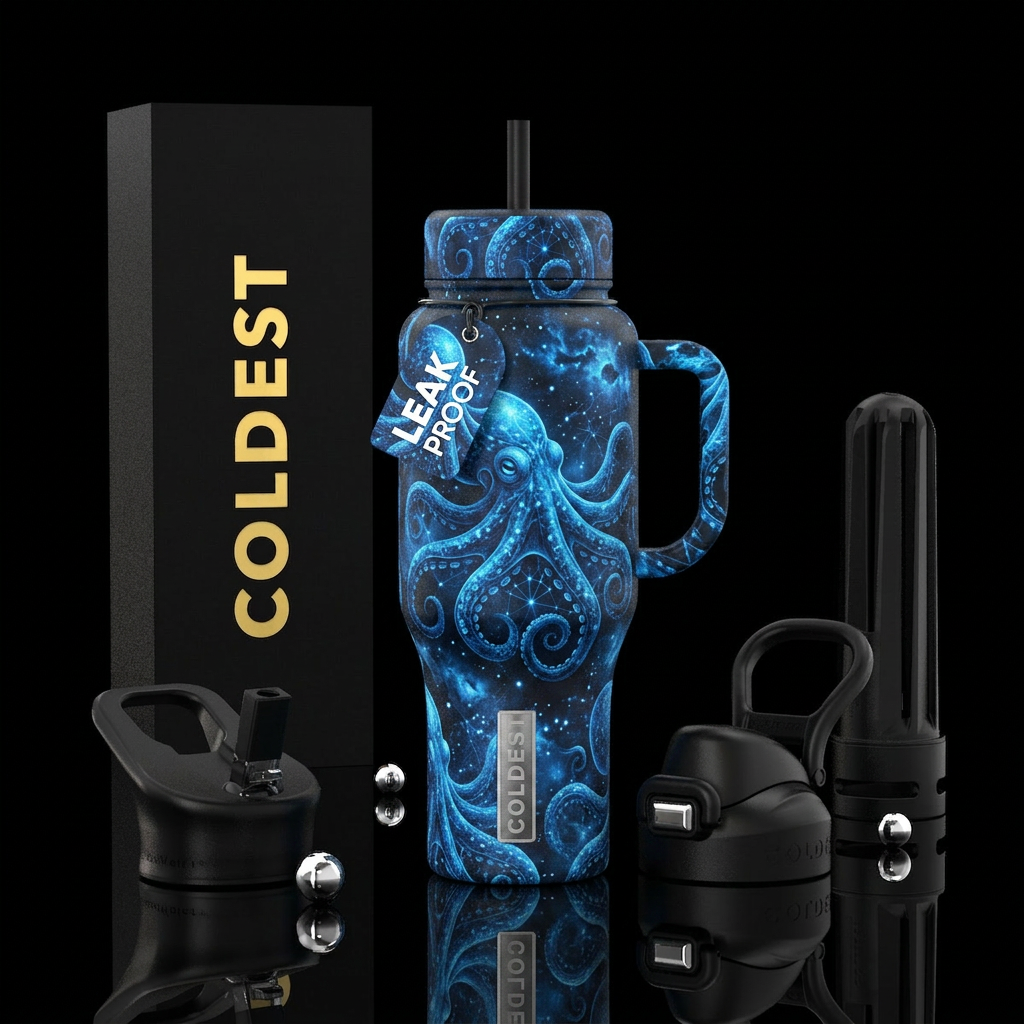 octopus, deep sea, electric blue, monochrome, quan... water bottle design