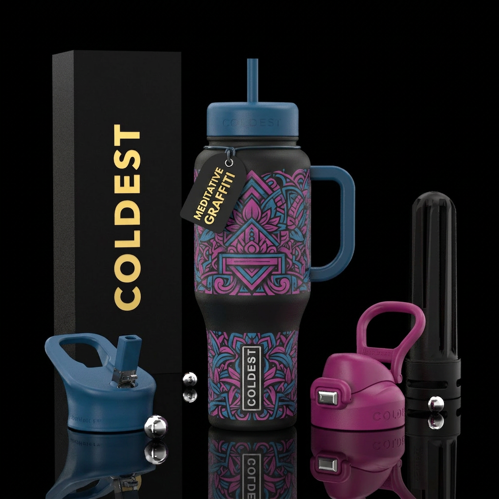 magenta, meditative, graffiti art, amazonian, bauh... water bottle design