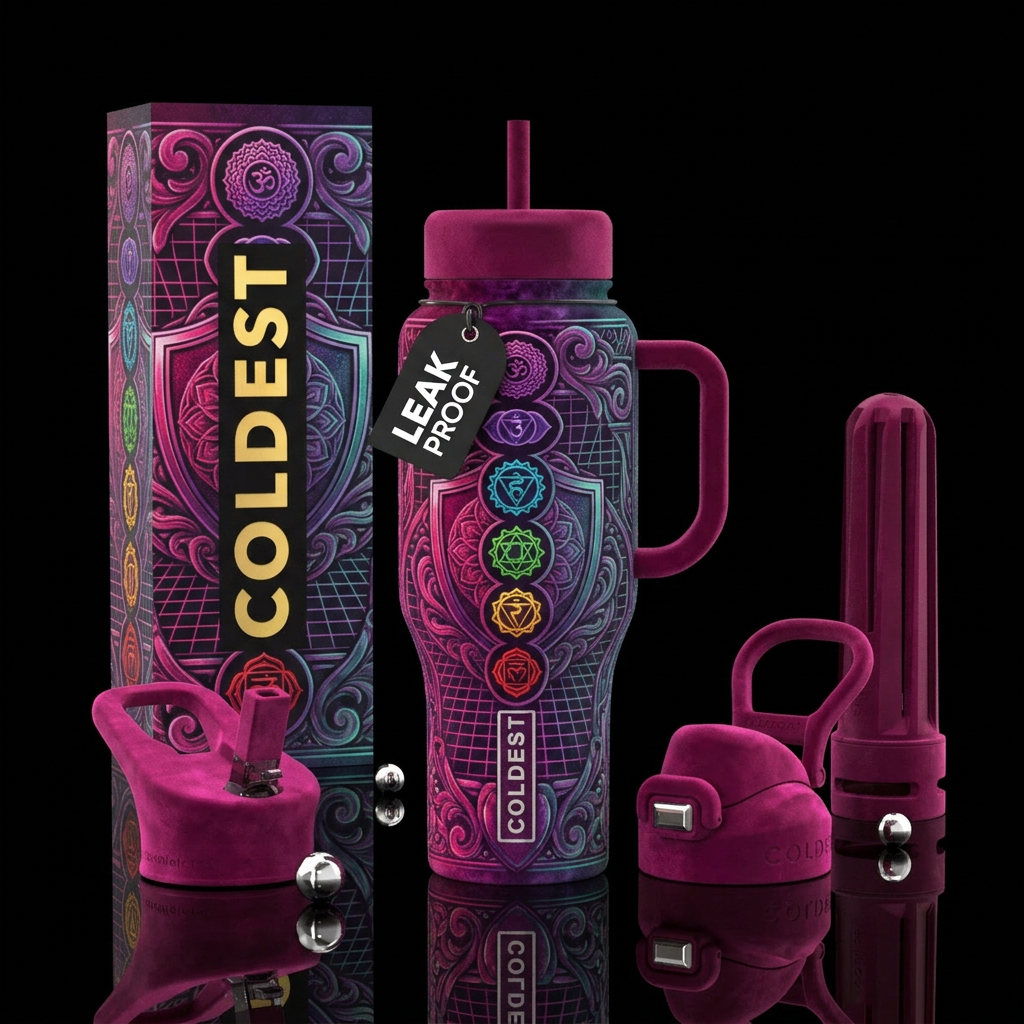 retrowave, maximalist, chakra, velvet, shield water bottle design