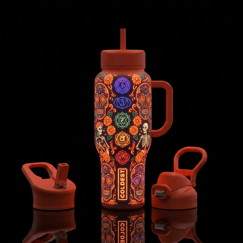 dia de los muertos, chakra, vermillion, biolumines... water bottle design