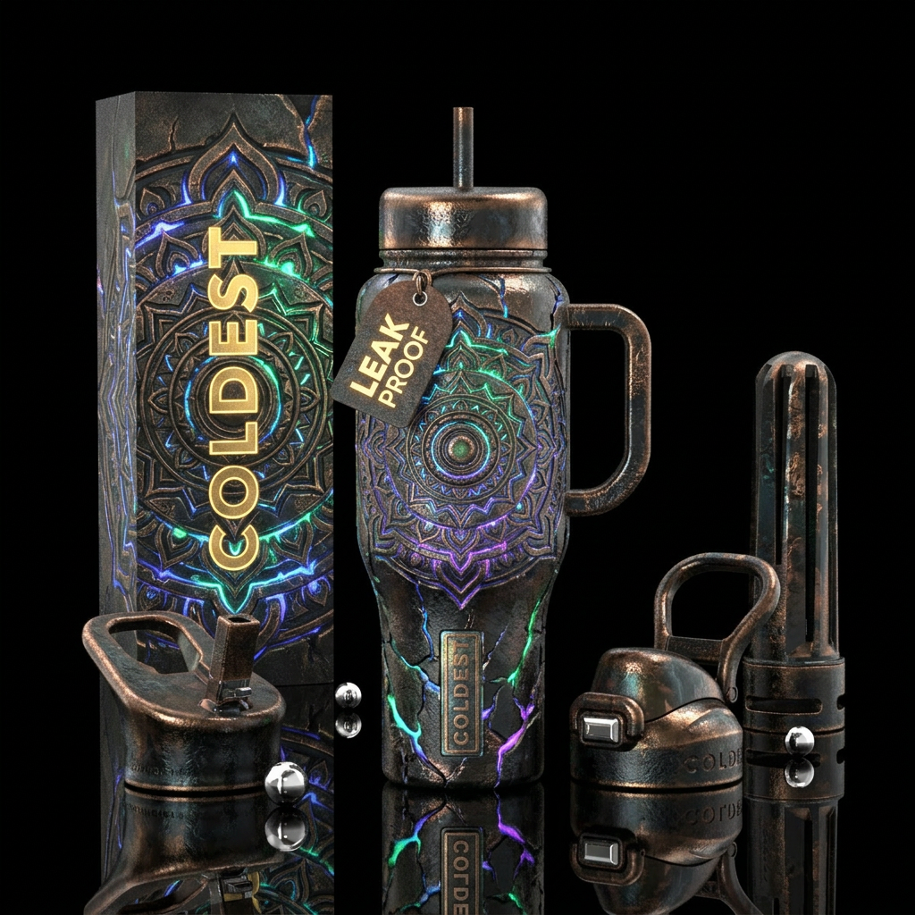 3d model, post-apocalyptic, opulent, glowie, manda... water bottle design