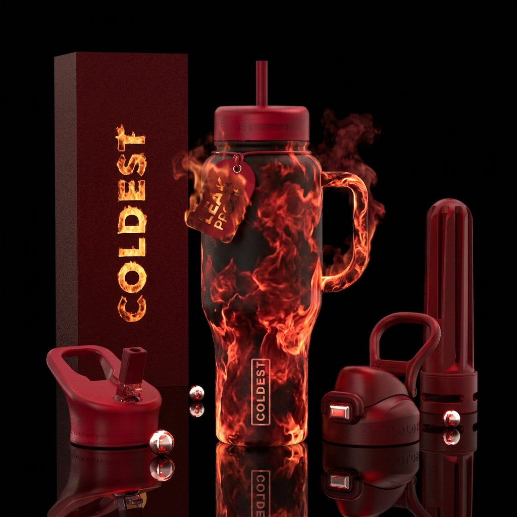 On fire,red flame and smoke, glowie water bottle design